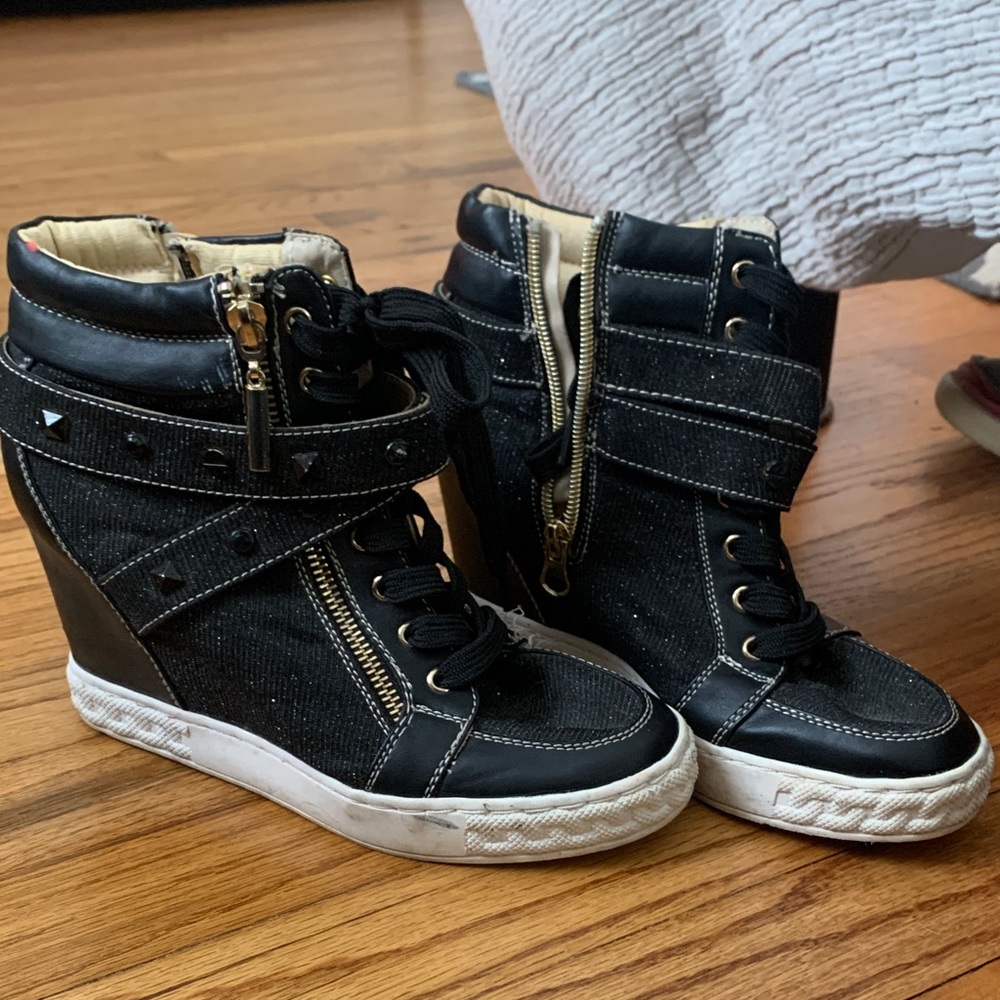 Black Wedge Sneakers with Gold Accents